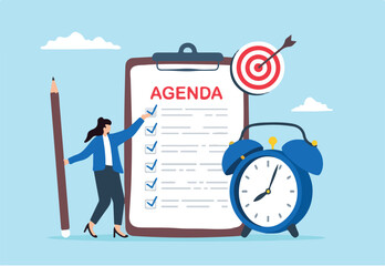 Flat illustration of smart businesswoman hold pencil write meeting agenda checklist with calendar and clock priority of important task