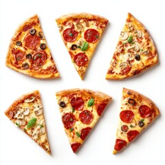 Six diverse pizza slices arranged in a visually appealing composition, each adorned with its own unique toppings and flavors. A tempting array of culinary delights