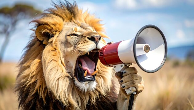 Lion speaking into megaphone in savanna