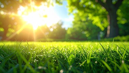 Green grass field with morning sunlight and blurred trees in background, natural summer landscape with bright and fresh greenery.