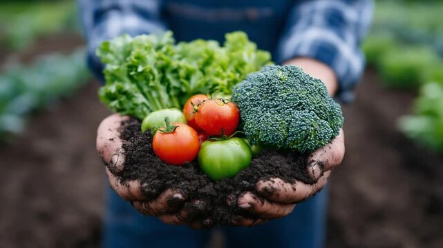 Hands grasping fresh garden vegetables, showcasing a deep connection to sustainable farming.