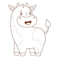Outline Cute happy Cow. Adorable Kawaii Animal. Line drawing, coloring book. Vector illustration. Kids collection. Not AI