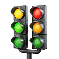 Dual traffic signal lights displaying yellow green and red illuminated colors isolated on transparent background