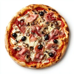 A mouthwatering pizza with various delicious toppings, ready to be enjoyed. It is freshly baked with a golden crust and a rich blend of flavors. 