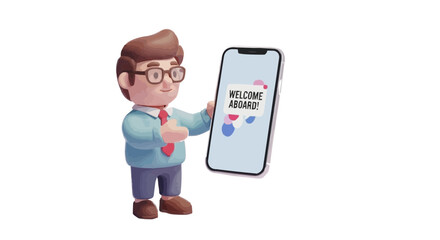 A friendly 3D cartoon businessman holding a smartphone with a 'Welcome Aboard' message, illustrating digital employee onboarding and team integration