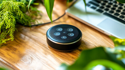 Compact Smart Speaker on Wooden Desk with Laptop and Green Plants