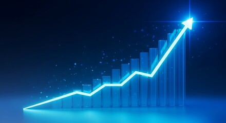Glowing blue arrow graph showing upward trend on dark background with particles, symbolizing growth and success in business and finance