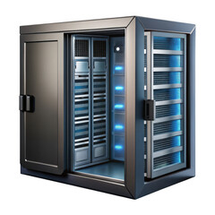 Modern server rack cabinet with open doors and blue led lights isolated on transparent background
