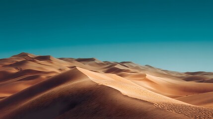 Naklejka premium Desert Sand Dunes Landscape: Arid Wilderness with Golden Sand, Sweeping Curves, and Expansive Vistas in a Tranquil Dry Climate - A Scenic Exploration of Nature's Beauty