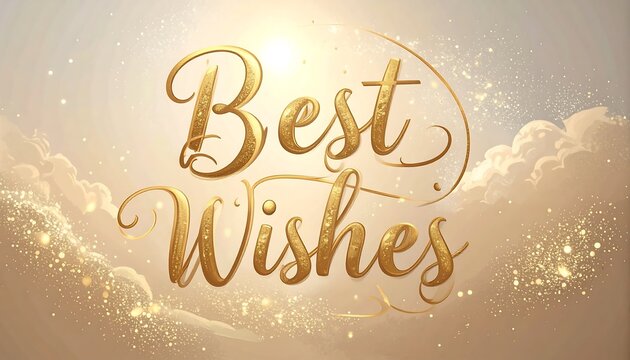Elegant "Best Wishes" text glows gold against soft, white clouds with shimmering gold accents. The image radiates warmth and light, creating a hopeful and congratulatory atmosphere