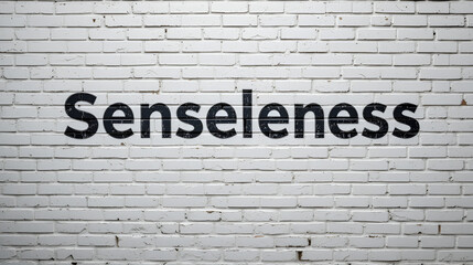 Fototapeta premium Word senselessness painted on white brick wall