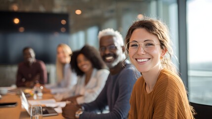 Diverse Team Business Meeting in Modern Workplace: Strategic Planning & Collaboration with Smiling Woman Leadership in Office Indoor Conference Room - Career Growth & Innovation