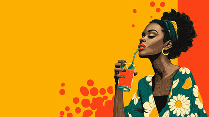 A retro advertising style flat illustration in bold colours of a beautiful black woman enjoying a cocktail, vintage vibes, with copy space for text or design, wide landscape format aspect 25:14