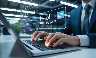 Business professional typing on laptop with virtual chatbot interface, ideal for illustrating AI customer support and digital communication solutions