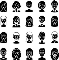 Collection of diverse people avatars in black and white isolated on white background