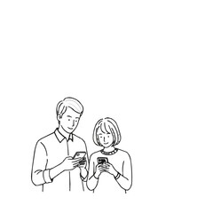 Hand-drawn illustration of a young couple focused on their smartphones, depicting modern relationships and digital dependency. Minimalist black and white vector sketch with copy space