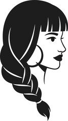 Illustration of a woman with a braid, hoop earrings, and blunt bangs