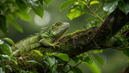 green iguana on a forest tree