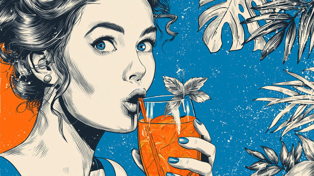A retro advertising style flat illustration in bold colours of a gorgeous redheaded woman enjoying a cocktail, vintage vibes, with copy space for text or design, wide landscape format aspect 25:14