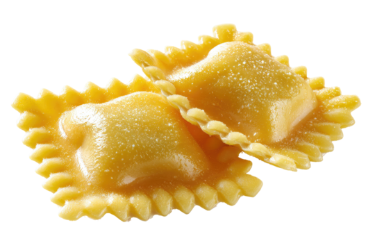 Two golden-yellow pasta squares, slightly overlapping, sit atop one another.  Each square has a scalloped edge and a slightly rough surface.  A fine, light dusting of seasoning covers the pasta