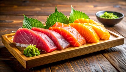 Gourmet Japanese sashimi platter with fresh salmon and tuna. Elegantly served on a wooden tray in an authentic restaurant. A delicious, healthy raw seafood delicacy.

