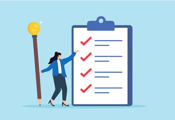Flat illustration of businesswoman complete survey with lightbulb pencil filling questionnaire on clipboard