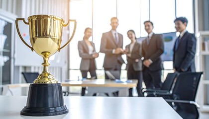Golden trophy shines against a blurred backdrop of smiling, suited professionals in a bright, airy office, symbolizing achievement and teamwork. Focus is on success