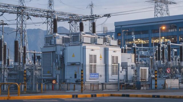 Explore the intricacies of industrial power grids featuring giant transformers, secure fencing, and advanced hazard management systems.