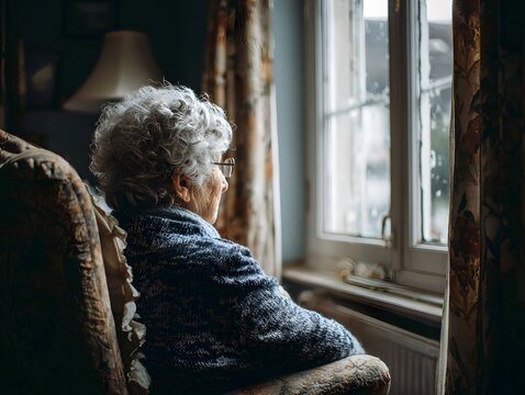 Elderly Senior Woman Contemplative at Window in Armchair: Nostalgic and Thoughtful in Cozy Home Interior - Reflective Mood and Sweet Melancholy in Seniors Lifestyle Image - Powered by Adobe