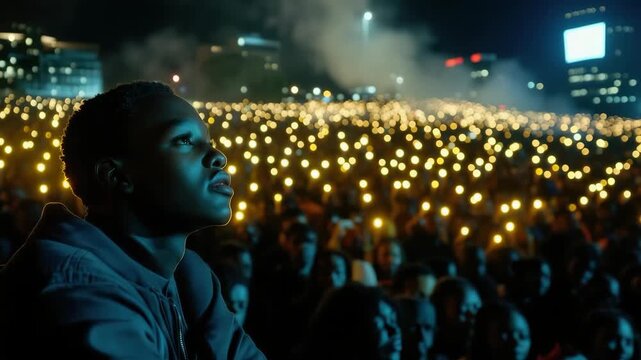 A large crowd gathers at night, holding candles to advocate for human rights. The atmosphere is filled with a sense of unity and shared purpose, reflecting a strong commitment to social justice