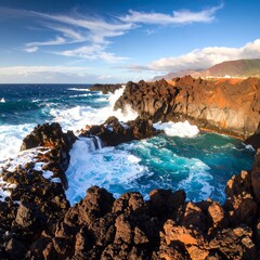 Volcanic coastline with crashing waves