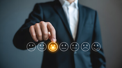 Customer Feedback Selection: A professional's hand carefully selects a radiant smiley face, symbolizing positive customer feedback, showcasing an emphasis on service quality and consumer happiness. 