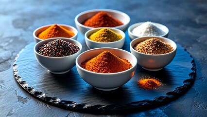 An artful composition of various colorful spices in small white bowls, featuring turmeric, chili powder, and peppercorns, set against a dramatic dark slate surface for a flavorful culinary display