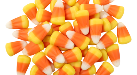 A pile of candy corn, a popular halloween treat, isolated on transparent background
