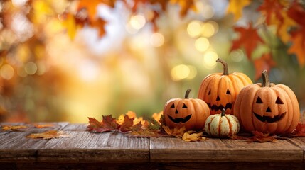 Carved pumpkins on a wood table, with bokeh background & autumn maple leaves