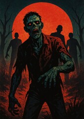 Fototapeta premium Eerie zombie silhouettes under moon.