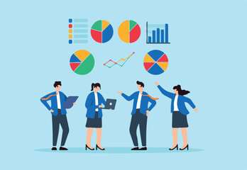 Flat illustration of team analyzing colorful pie charts and line graphs data analytics business strategy teamwork dashboard marketing research and performance tracking