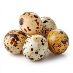 Fototapeta premium A close-up view of a group of quail eggs. The eggs have a speckled pattern. Their shapes are oval and unique.