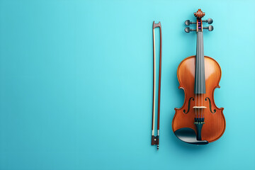 Naklejka premium Classic wooden violin with bow placed on a bright turquoise background in minimalist style