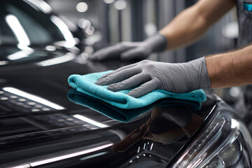 Detailer polishing black car paint with microfiber cloth for car detailing and cleaning job