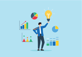 Flat illustration of confident businessman sharing bright idea with lightbulb surrounded by colorful charts and infographic elements representing business strategy and analysis