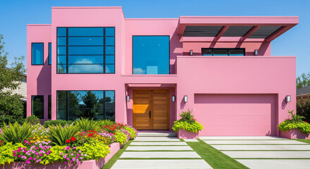 Stunning bright pink modern two-story house with large glass windows, lush landscaping, and a two-car garage under a blue sky