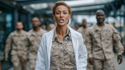 A dedicated 47-year-old female officer in a white coat over camouflage leads a diverse team of military medics through a base corridor, embodying readiness and commitment.