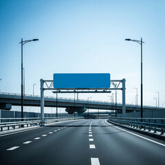 Wide angle view of a modern empty highway with a blank blue road sign, overpass bridge, streetlights, and clear blue sky