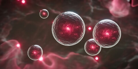 Microscopic view of glowing red cells with internal lights and atmospheric nebula in a detailed scientific illustration.