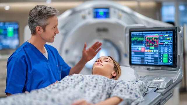 A modern clinical room features a linear accelerator with a medical technician adjusting settings as a young woman lies still for treatment.