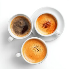 Three aromatic cups of coffee from above angle