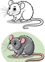 Cute cartoon rat illustration, gray mouse drawing, animal character art, rodent pet design, black and white and color version, vector art, flat vector illustration