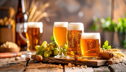 Light beers on wooden table