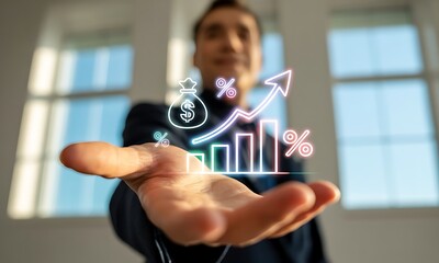 Business person presenting holographic financial growth chart with money bag and percentage symbols, ideal for illustrating investment success and economic progress concepts